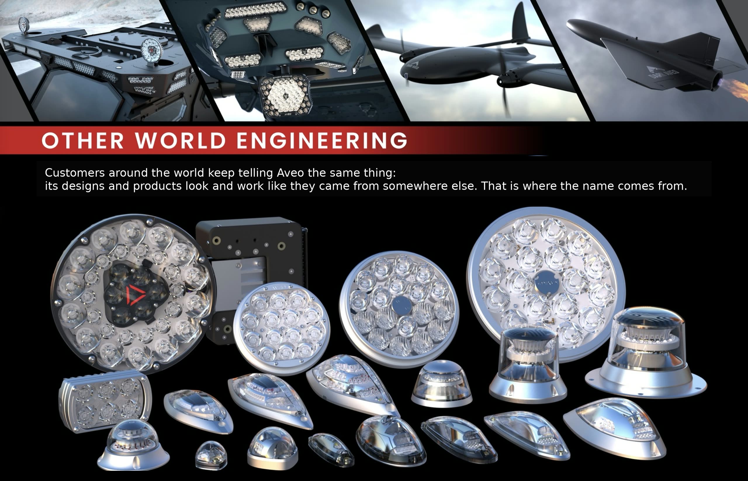 Other World Engineering, Aveo defense and aerospace lighting shown on vehicle, helicopter and drone platforms, above the full Aveo product family.