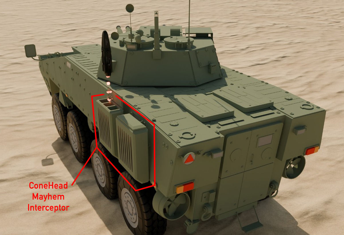 ConeHead Mayhem interceptor launchers on an armored 8x8