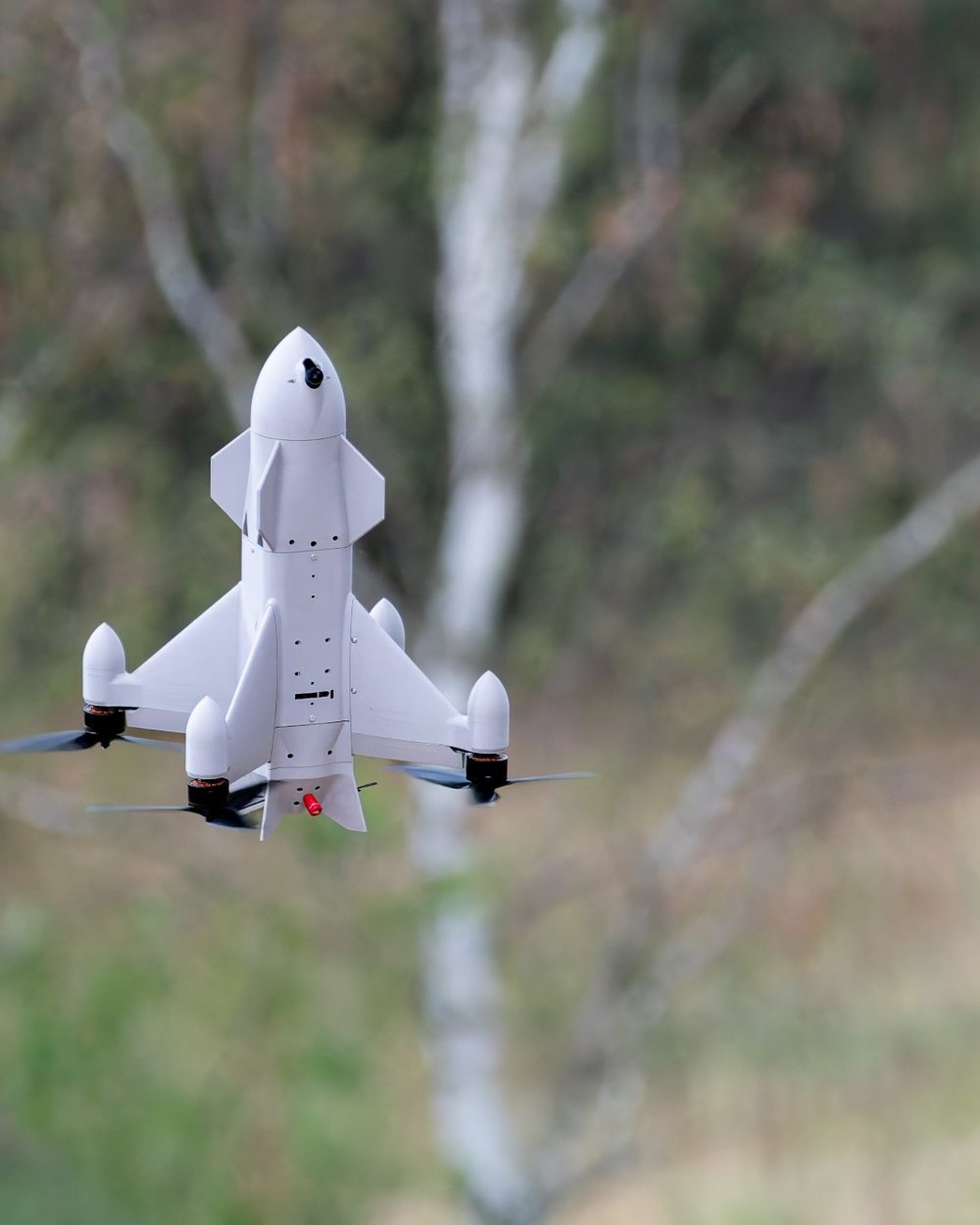 Aveo ConeHead interceptor in flight between birch trees