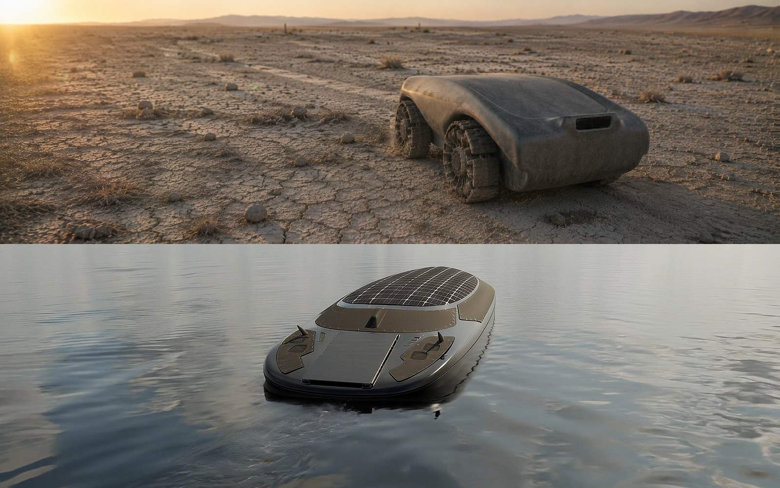 Aveo autonomous UGV in the desert and X-75 USV at sea