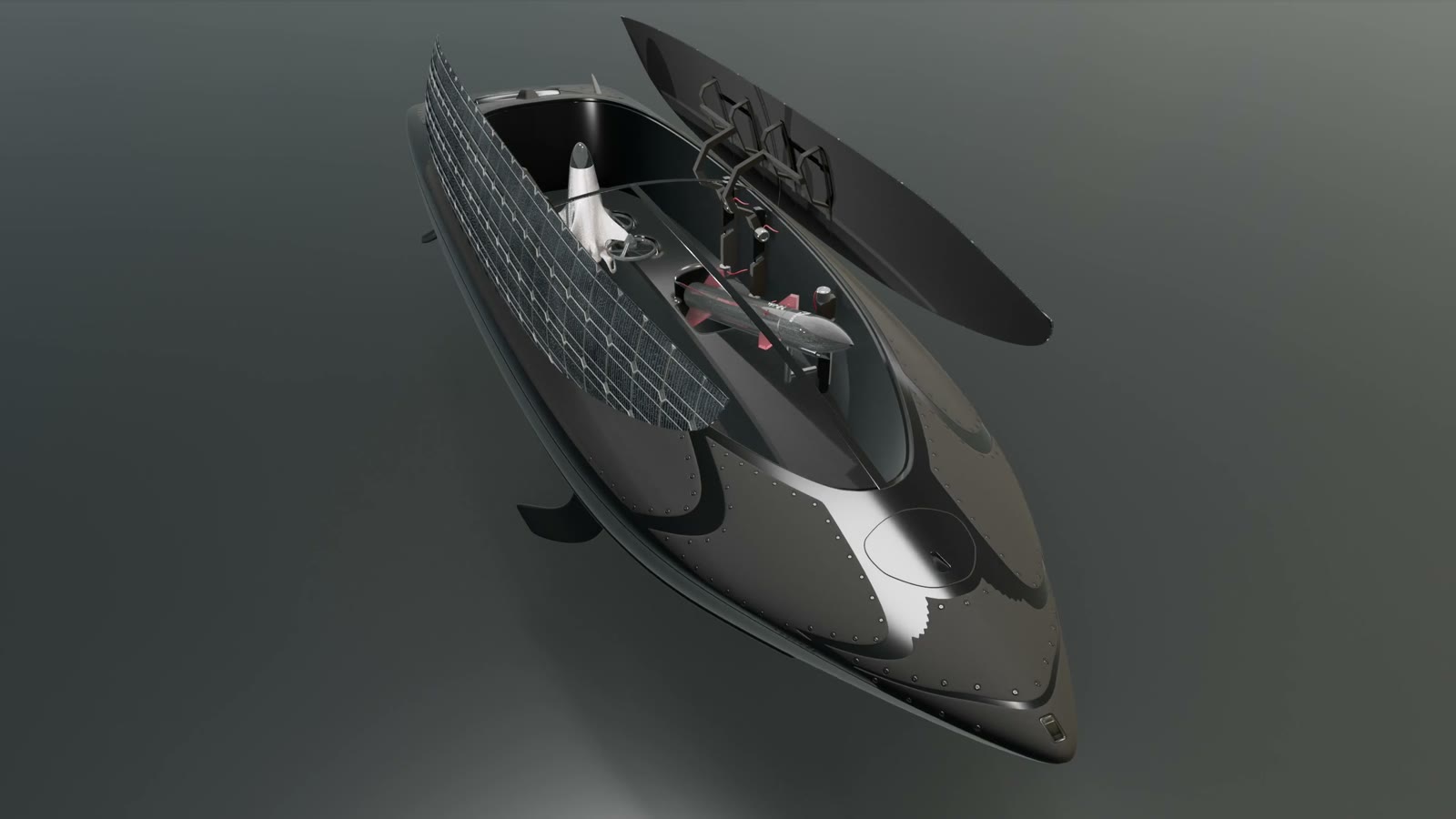 Aveo X-75 with the deck hatch open, drone launcher exposed
