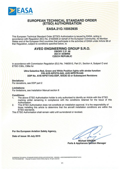 European Technical Standard Order (ETSO) Authorisation for ULTRA GALACTICA