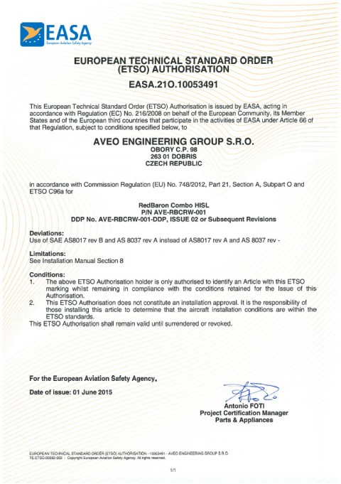 European Technical Standard Order (ETSO) Authorisation for REDBARON COMBO HISL