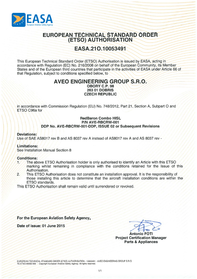 European Technical Standard Order (ETSO) Authorisation for REDBARON COMBO HISL