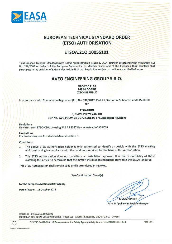 European Technical Standard Order (ETSO) Authorisation for PEGATRON