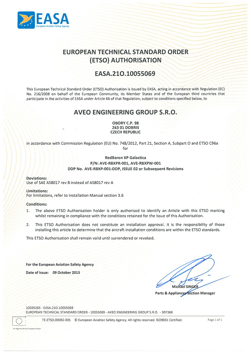 European Technical Standard Order (ETSO) Authorisation for REDBARON XP GALACTICA