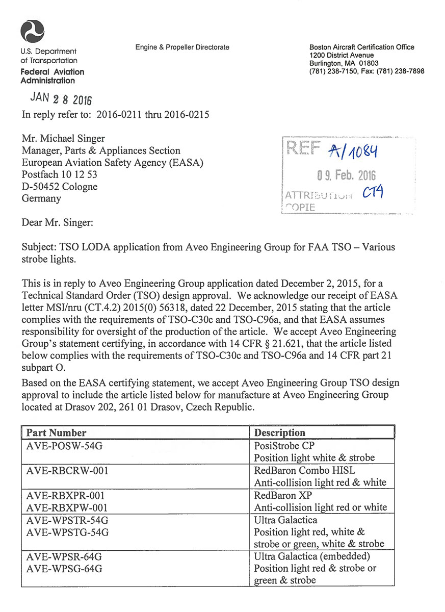 FAA LODA Approval for the European ETSO Aveo Lights