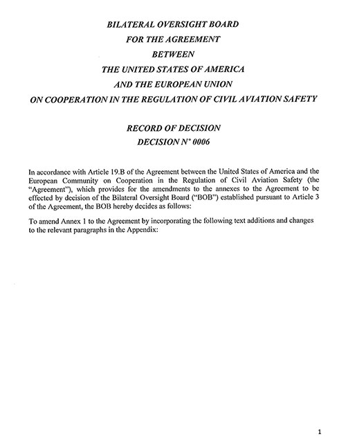 EASA and FAA have completed the updated reciprocal agreement