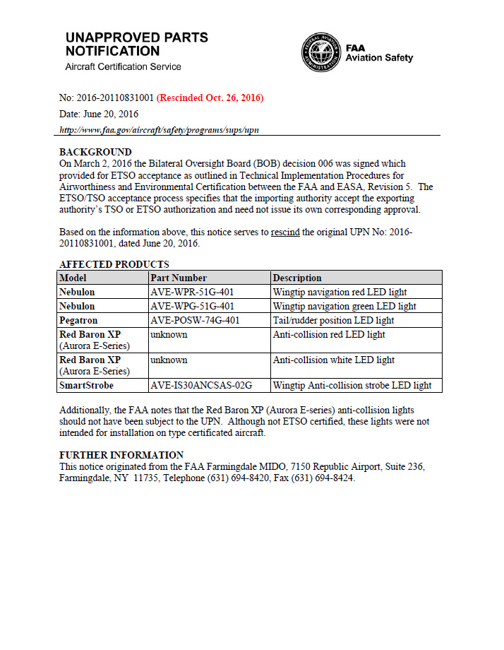 FAA RESCINDS ERRONEOUS UPN