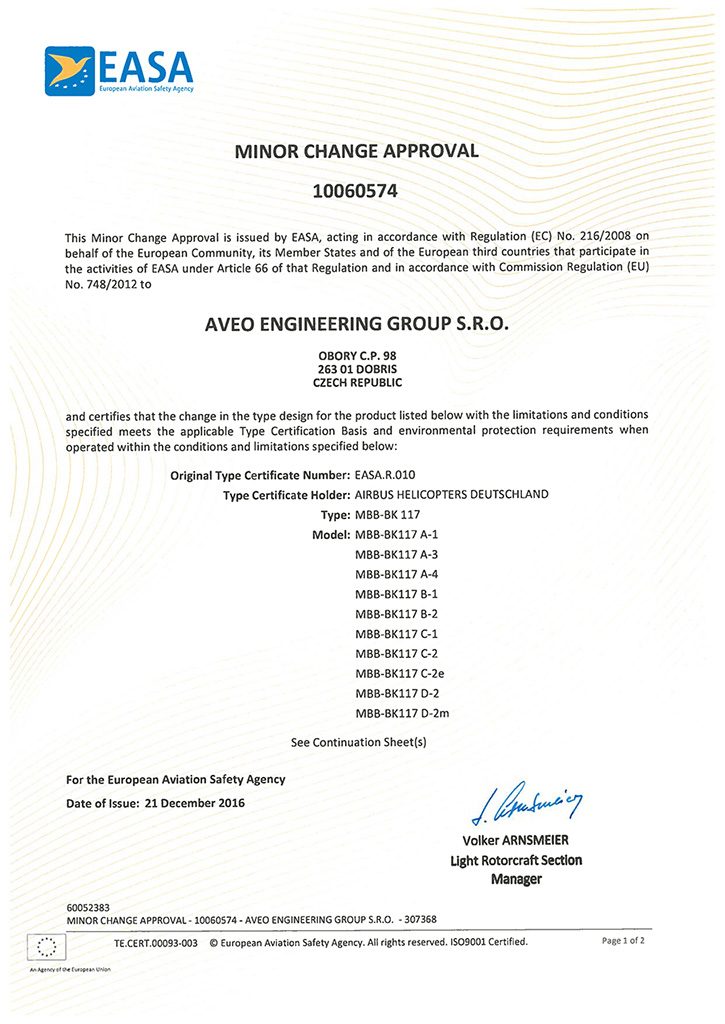 Aveo Engineering Group achieves EASA MINOR CHANGE APPROVAL for MBB - BK 117 (Airbus Helicopters Deutschland)