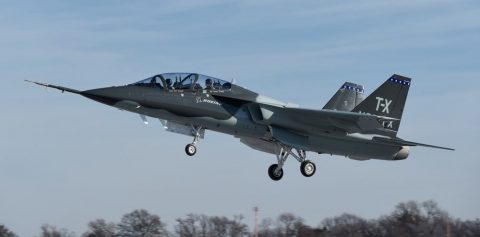 First flight of T-X Trainer… note the Aveo StealthViz on the wingtip